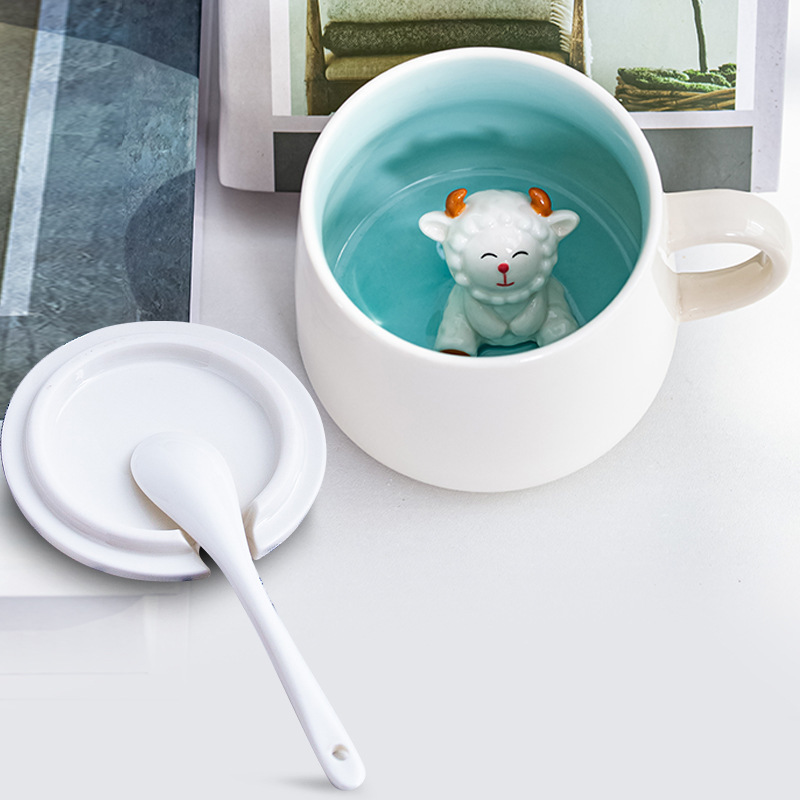 3D Animal Ceramic Mug with Lid & Spoon - Cute Cartoon Coffee Cup (14oz) - Custom Logo Gift for Girls