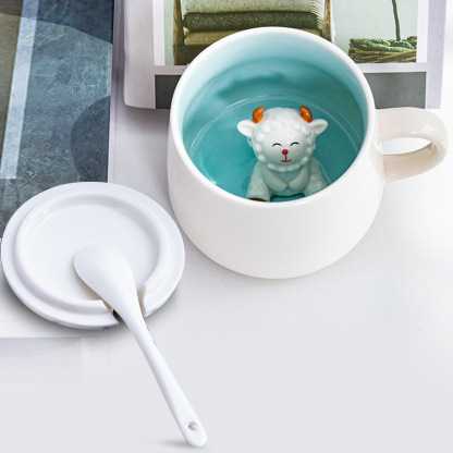 3D Animal Ceramic Mug with Lid & Spoon - Cute Cartoon Coffee Cup (14oz) - Custom Logo Gift for Girls