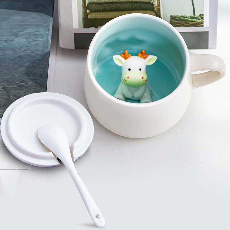 3D Animal Ceramic Mug with Lid & Spoon - Cute Cartoon Coffee Cup (14oz) - Custom Logo Gift for Girls