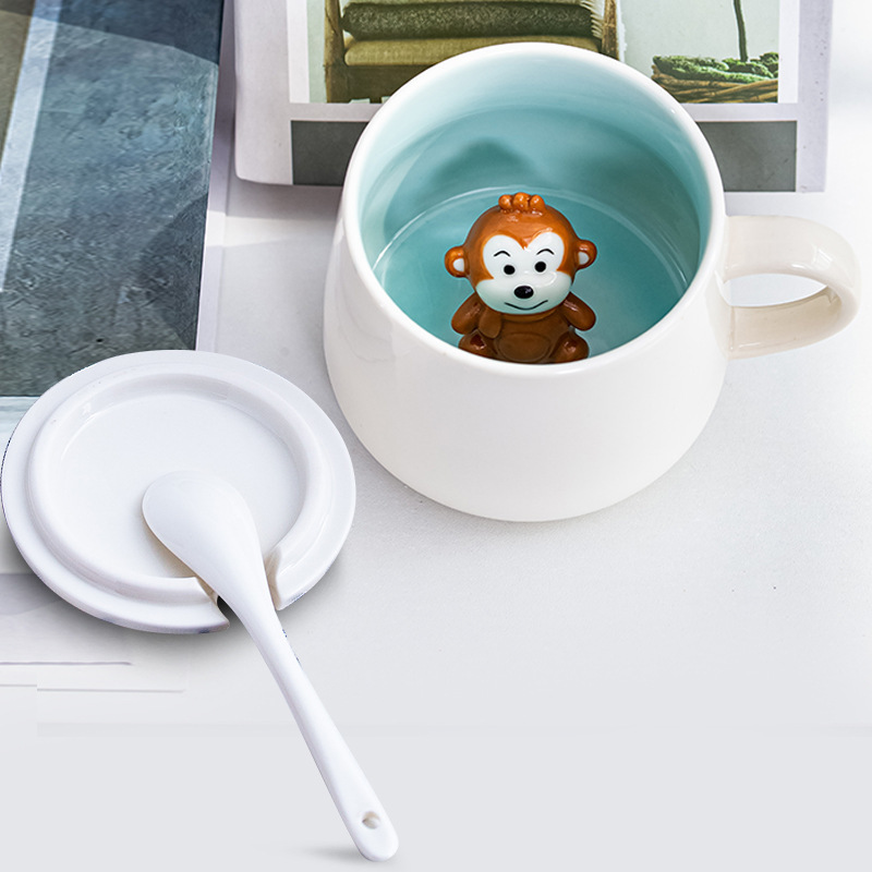 3D Animal Ceramic Mug with Lid & Spoon - Cute Cartoon Coffee Cup (14oz) - Custom Logo Gift for Girls