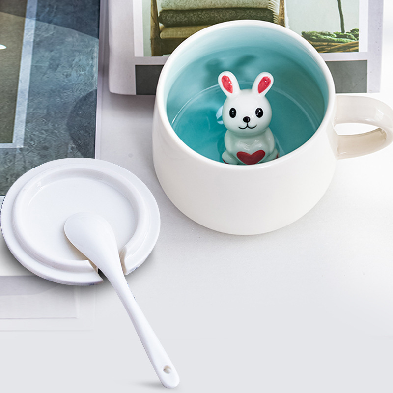 3D Animal Ceramic Mug with Lid & Spoon - Cute Cartoon Coffee Cup (14oz) - Custom Logo Gift for Girls