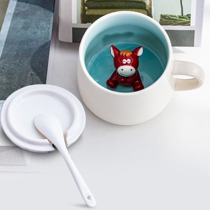 3D Animal Ceramic Mug with Lid & Spoon - Cute Cartoon Coffee Cup (14oz) - Custom Logo Gift for Girls