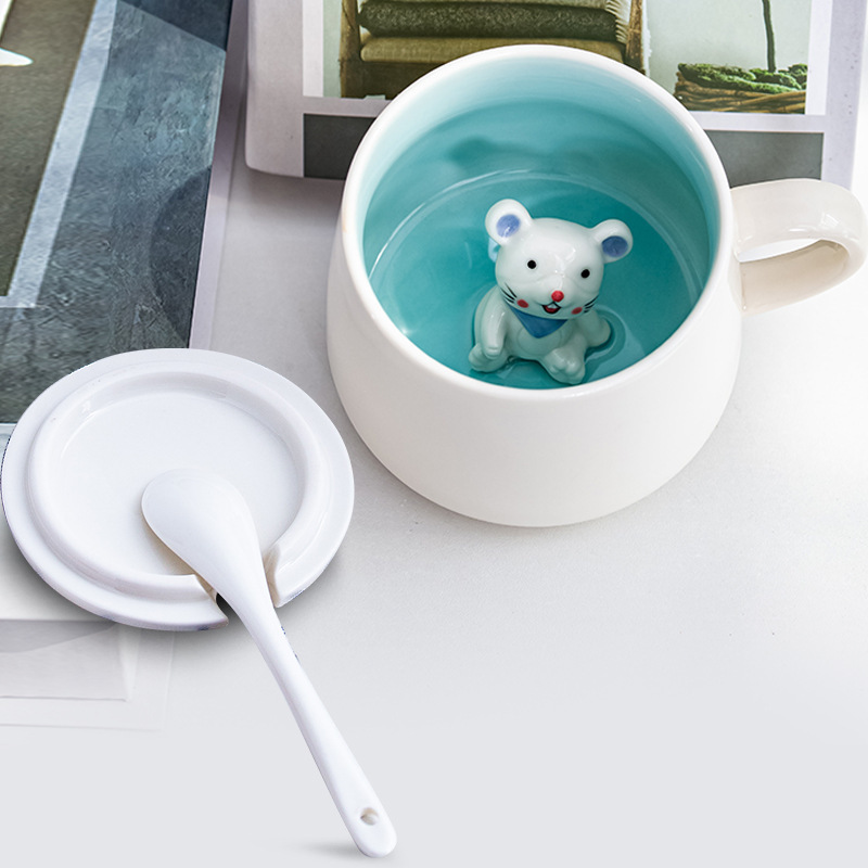 3D Animal Ceramic Mug with Lid & Spoon - Cute Cartoon Coffee Cup (14oz) - Custom Logo Gift for Girls