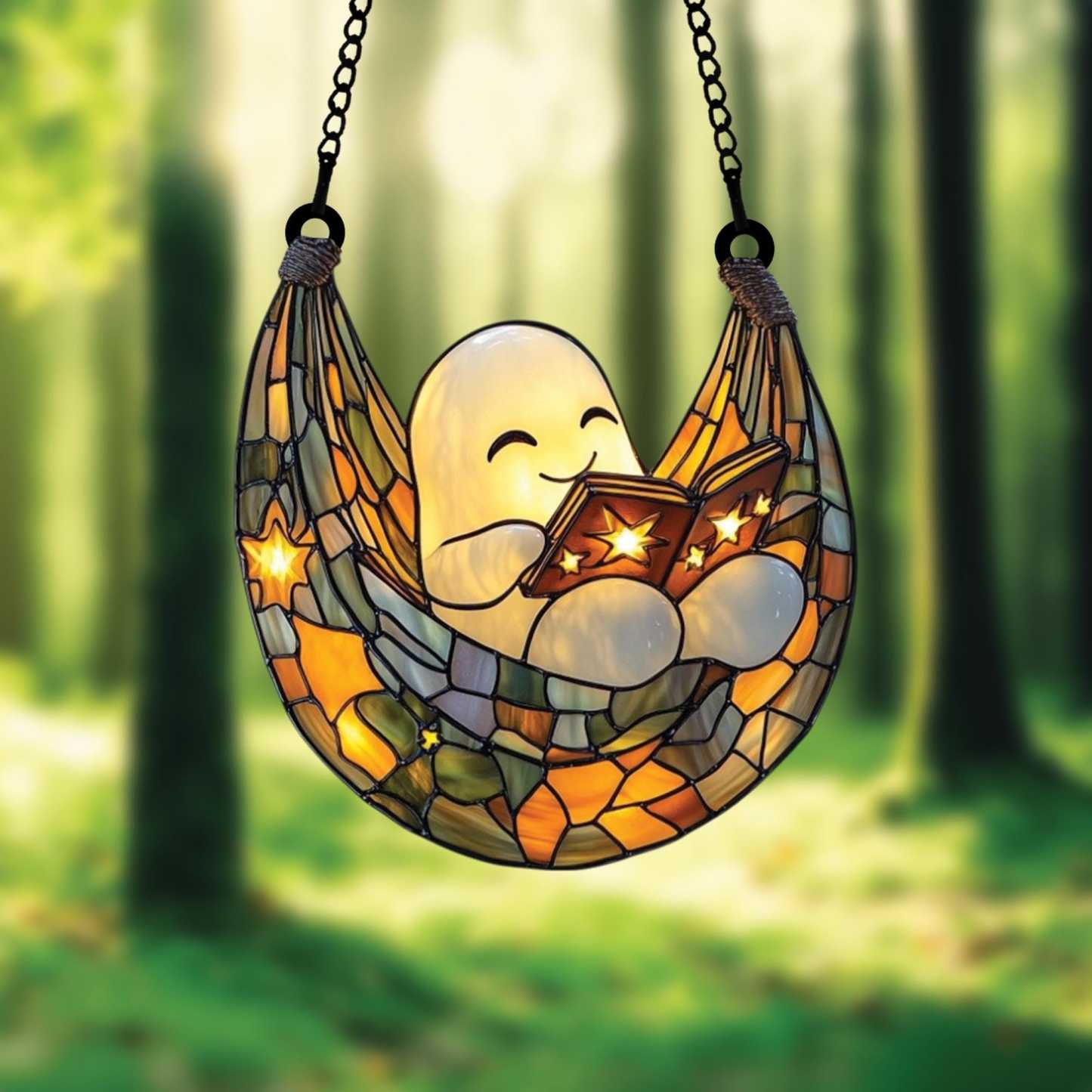 👻📚Ghost Reading Book Suncatcher Hanging Decor