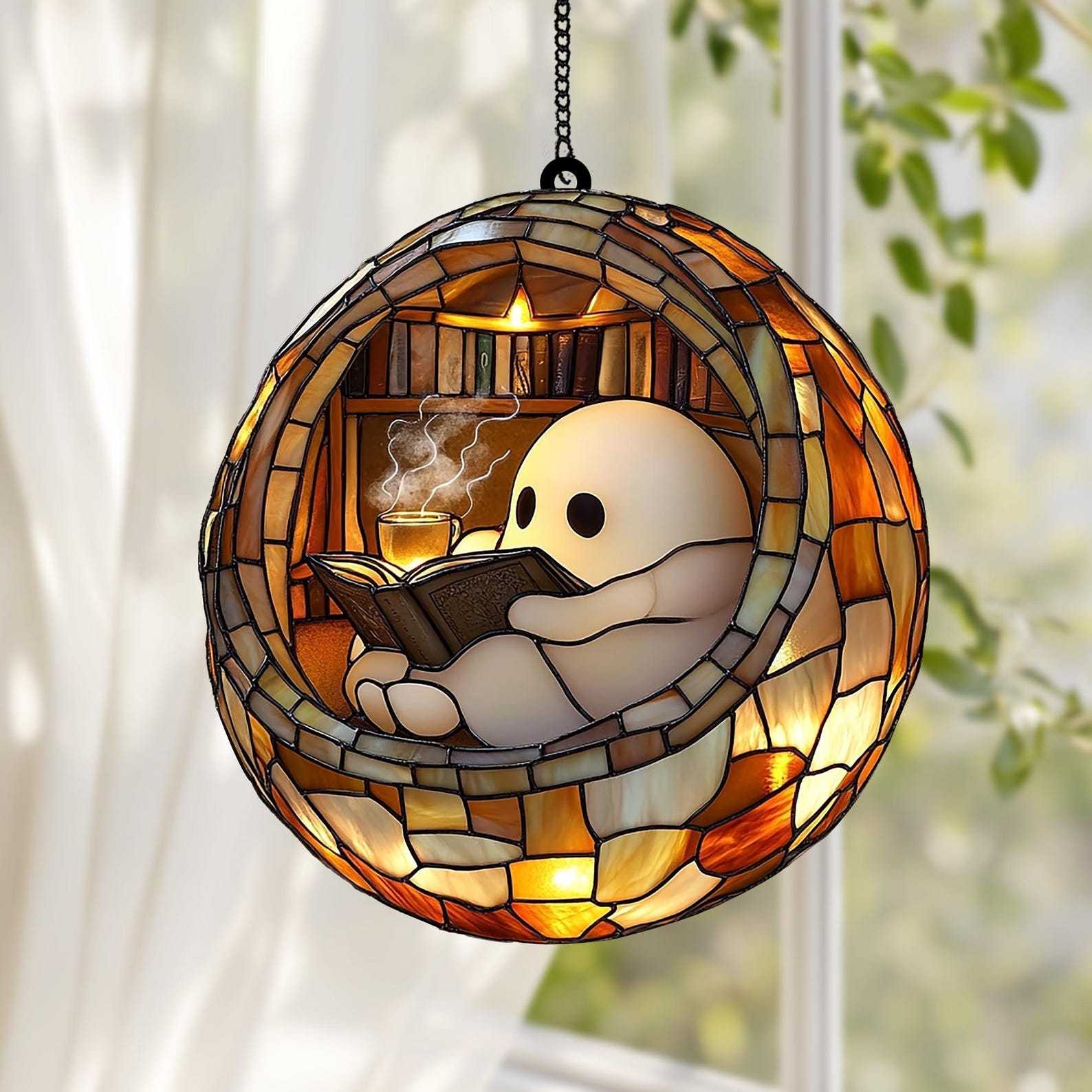 👻📚Ghost Reading Book Suncatcher Hanging Decor
