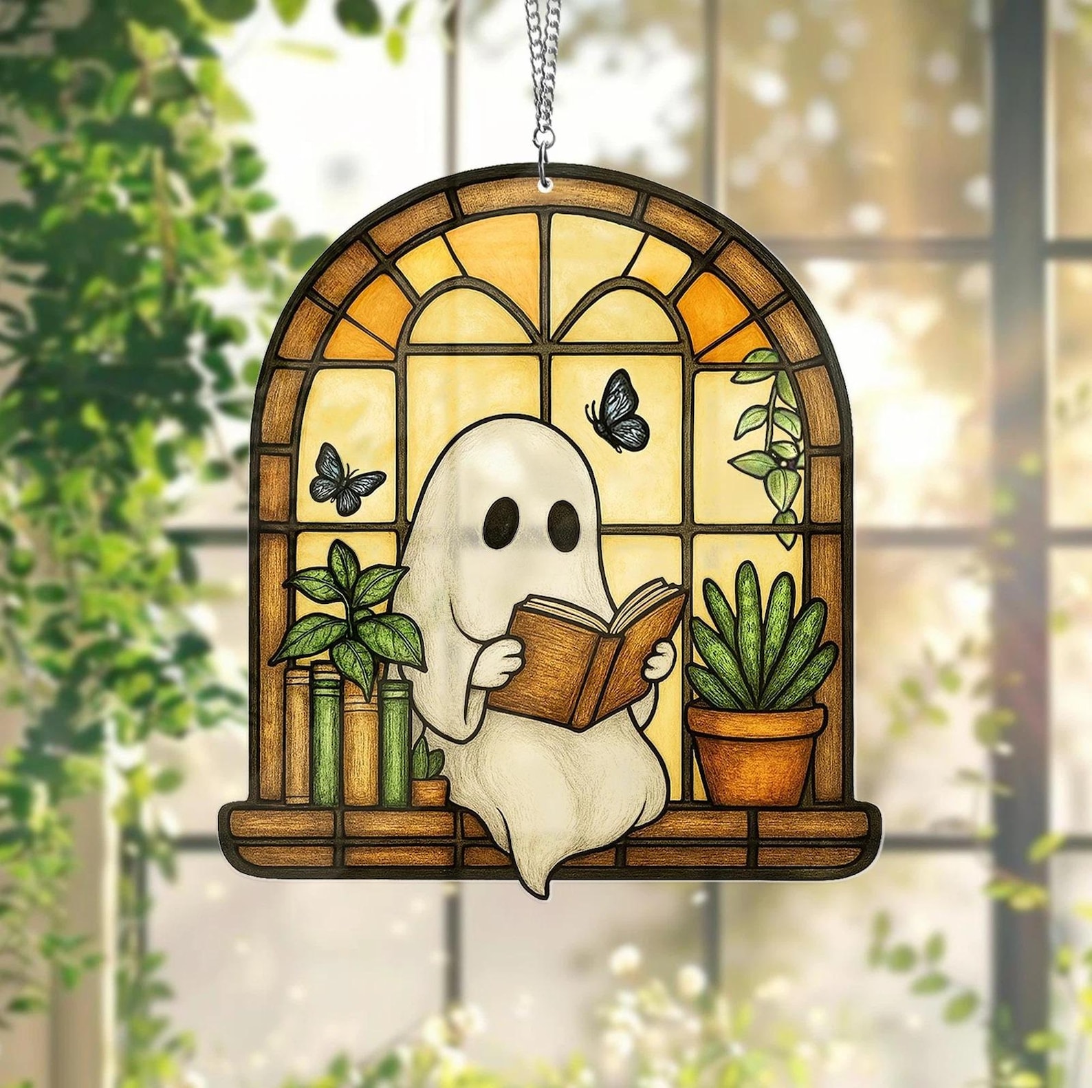 👻📚Ghost Reading Book Suncatcher Hanging Decor