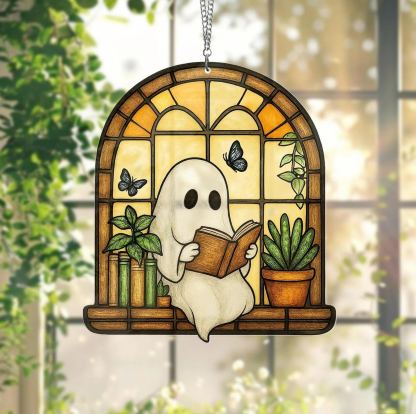 👻📚Ghost Reading Book Suncatcher Hanging Decor