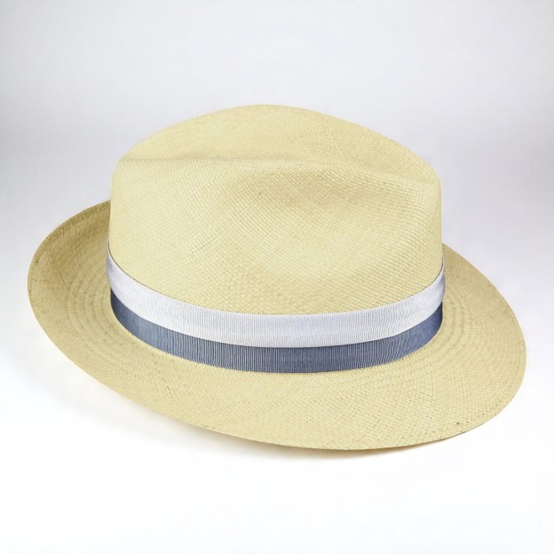Two-color hatband | Handmade Panama Hat - Natural/Vintage Blue