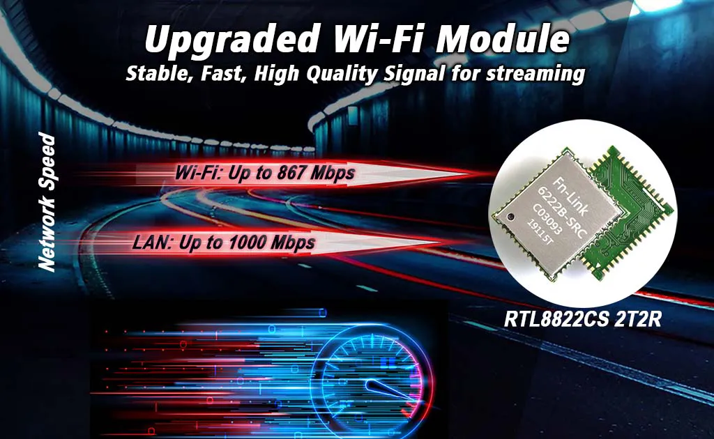 3. Upgraded Wi-Fi RTL8822CS 2T2R &ndash; the complete solution for a high-performance wireless streaming tv box. Up to 867Mbps Wi-Fi Network Speed. Up to 1000Mbps Ethernet Network Speed.  4. Included HDMI2.0 Cable &ndash; Support increased bandwidth requirements of 4K UHD display (4K 60fps with high-speed 19+1 Pin)