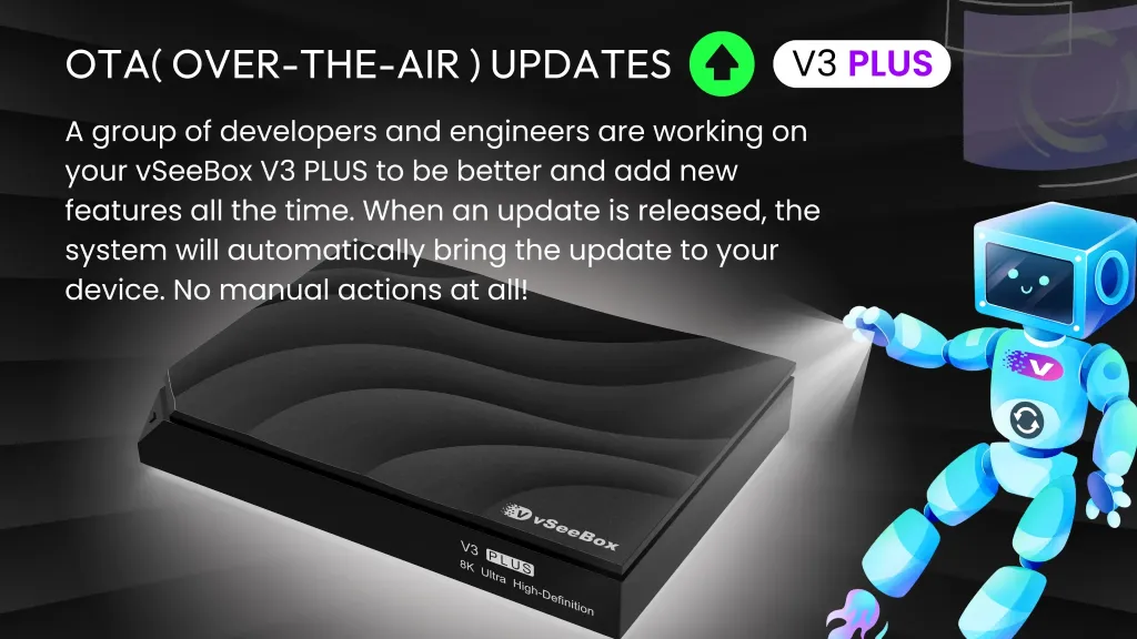 A group of developers and engineers are working on your vSeeBox V3 Plus to be better and add new features all the time. When an update is released, the system will automatically bring the update to your device. No manual actions at all!