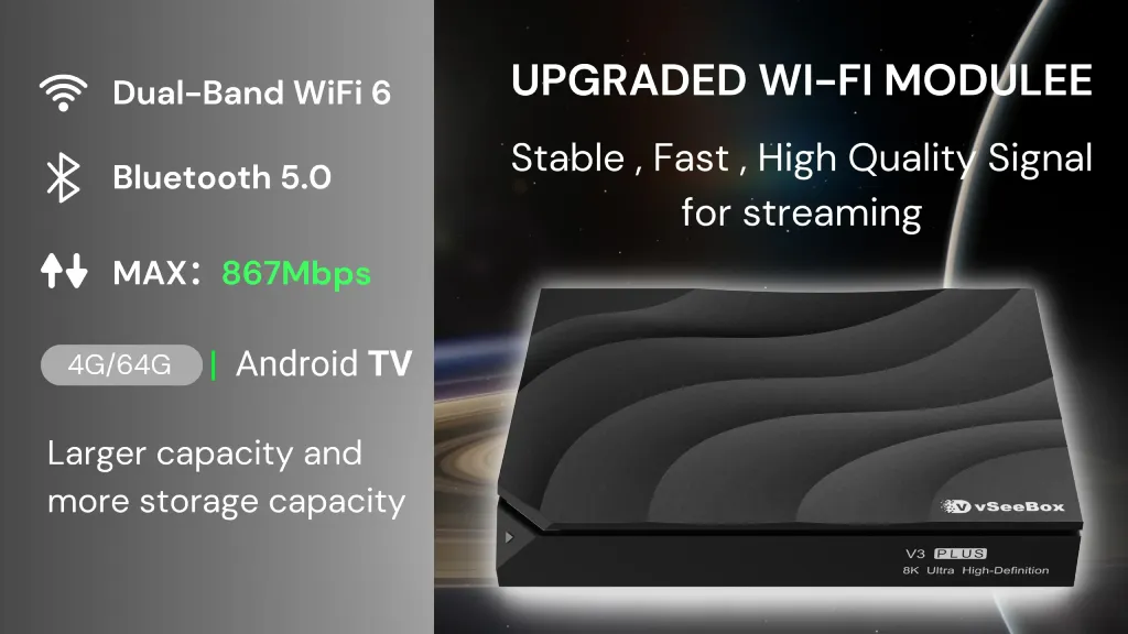 vSeeBox V3 Plus supports 2.4G/5G dual-band WiFi and 100M Ethernet, providing stable and reliable network performance. Built-in Bluetooth 5.0 makes it easy to connect your multimedia devices, speakers, mouse or headphones.