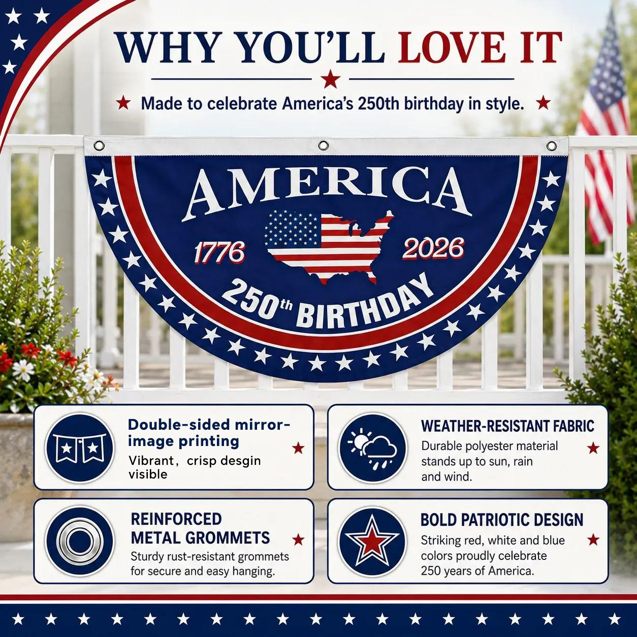 Flash Sale 60% OFF⭐Veteran Made - USA 250th Anniversary Flag Half Round Banner🦅