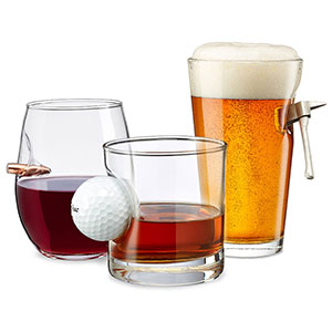 BenShot 308 Bullet Wine Glass, Golf Ball Whiskey Glass, and Fire Axe Pint Glass
