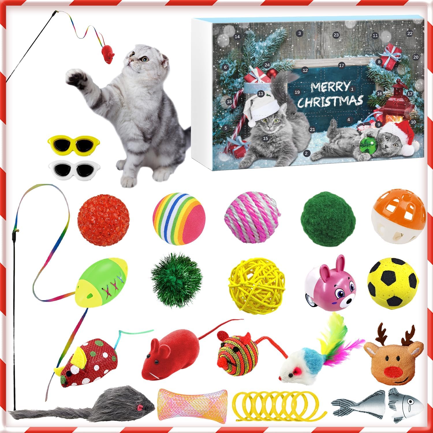 Hot Sale 49% OFF❤Cat Advent Calendar Deluxe Set – 24 Interactive Toys with Collar & Cat Wand