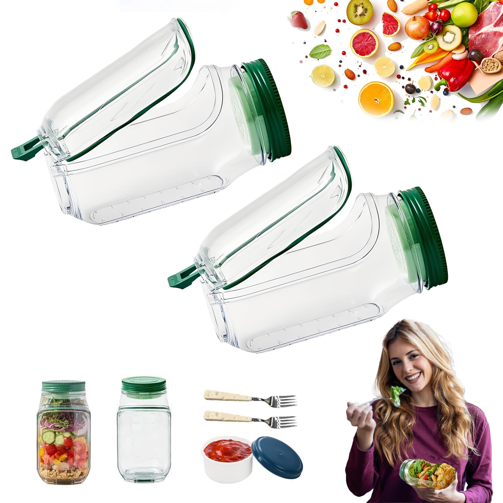 Last Day 50% OFF🔥Salad Pod – Leakproof Mason Jar Style Salad Container with Side Hatch Bowl Design