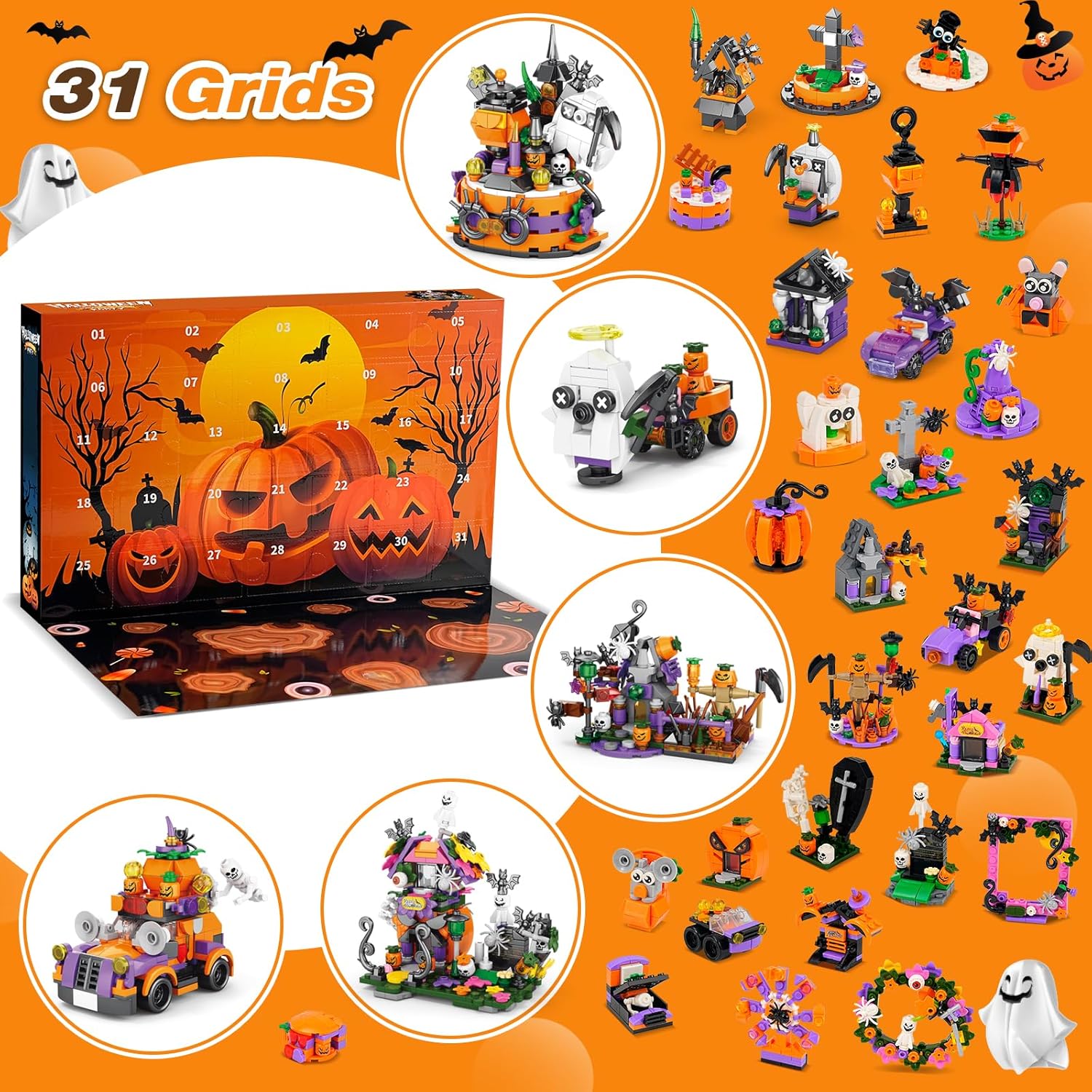 🎁🎁31-Day Halloween Advent Calendar | Spooky Haunted House, Ghosts, Bats & Pumpkins Building Block (  BUY 2 FREE SHIPPING)