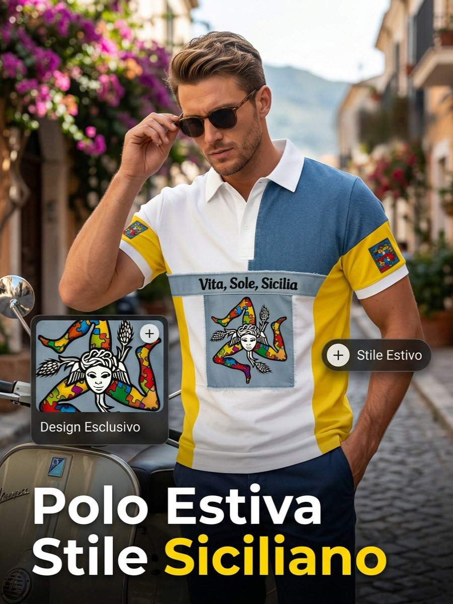 Polo da uomo con stampa artistica di ispirazione siciliana