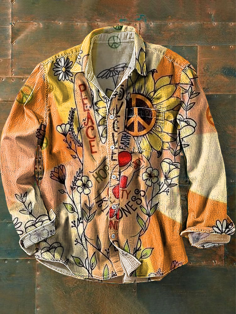 Camicia da tasca a manica lunga in cotone stampa Daisy Art con risvolto unisex Vintage Peace and Love