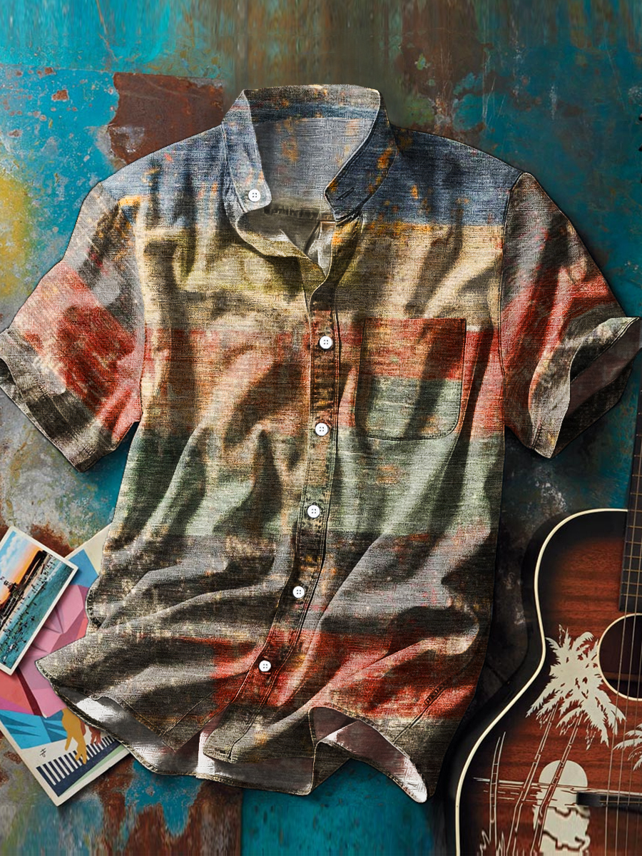 Camicia da uomo con tasca a manica corta vintage a righe multicolore con stampa artistica