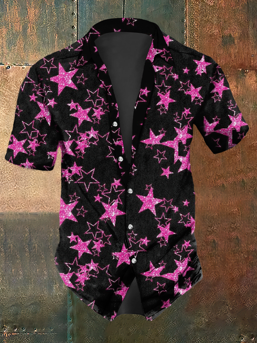 Camicia da uomo a manica corta casual con stelle scure retrò