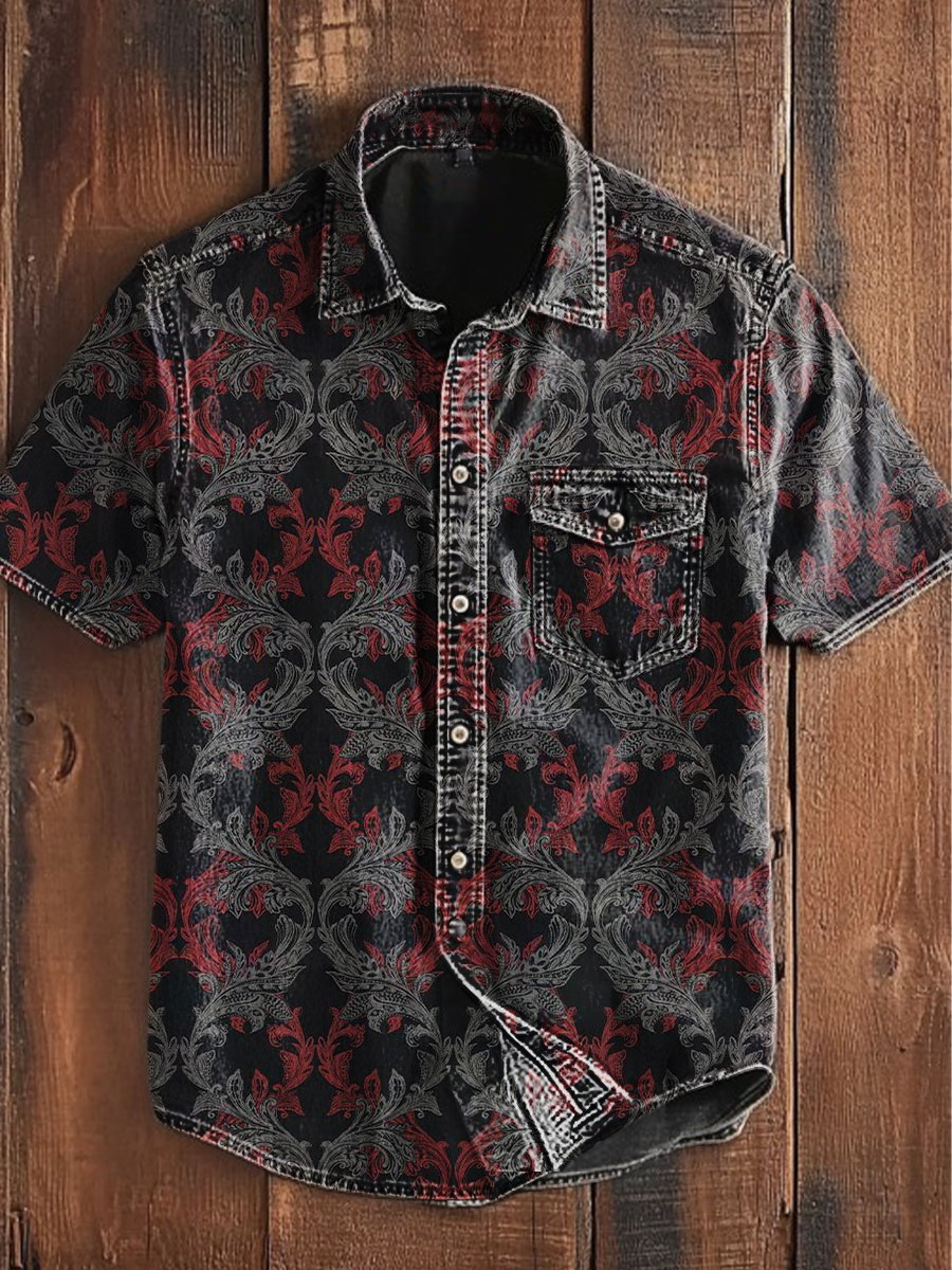 Unisex stile vintage punk gotico colorato motivo floreale con stampa astratta casual camicia da tasca manica corta da uomo