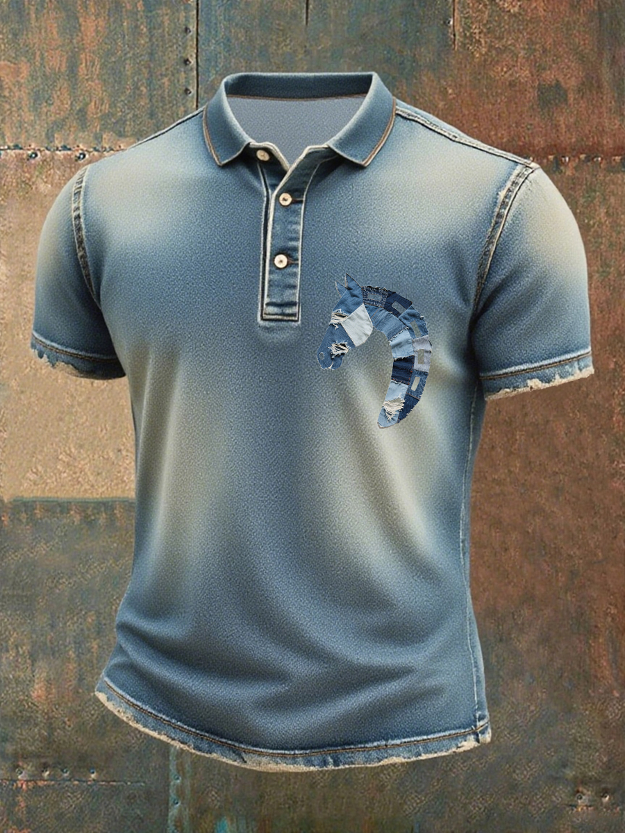 T-shirt uomo in denim stampa cavallo