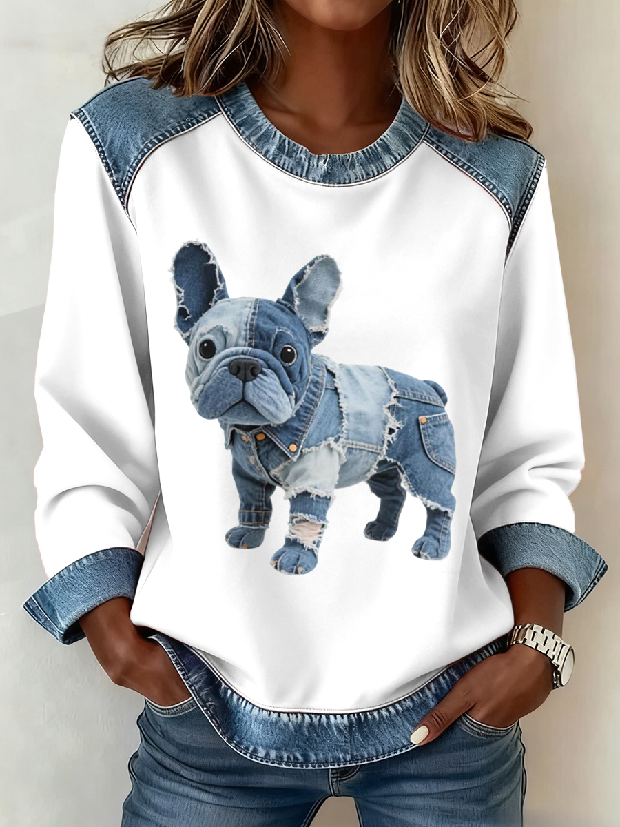 Felpa da donna con patchwork in denim Art con motivo Bulldog francese