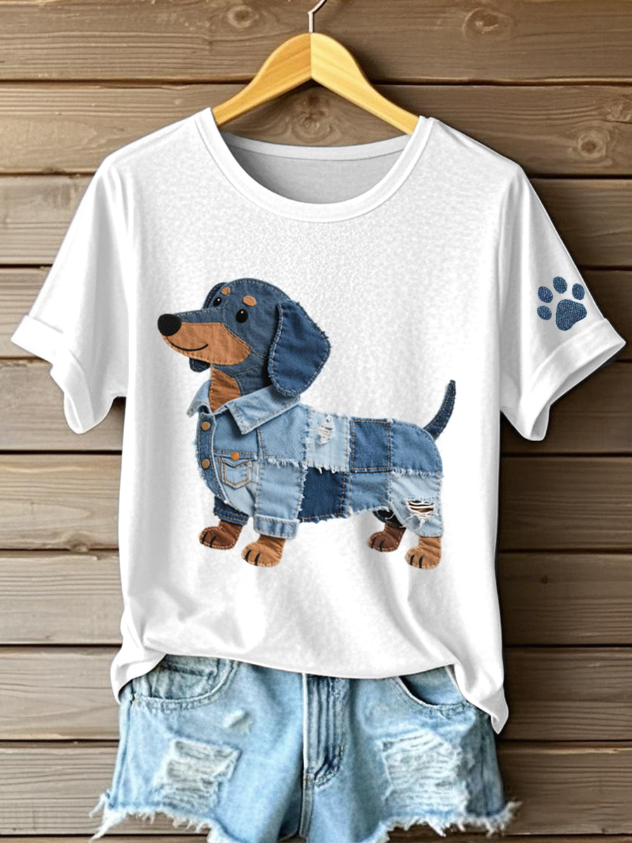T-shirt donna patchwork in denim Art con motivo bassotto