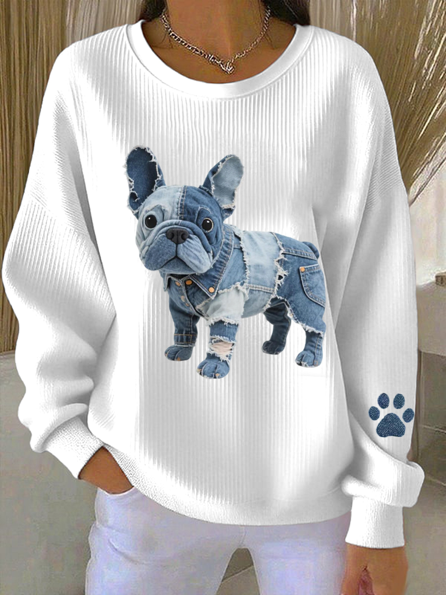 Felpa da donna con patchwork in denim Art con motivo Bulldog francese