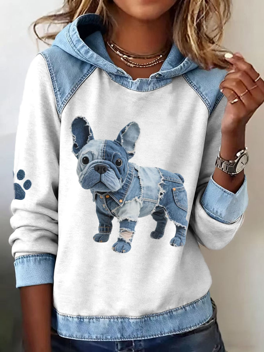 Felpa con cappuccio in stile francese da donna con motivo bulldog in denim patchwork