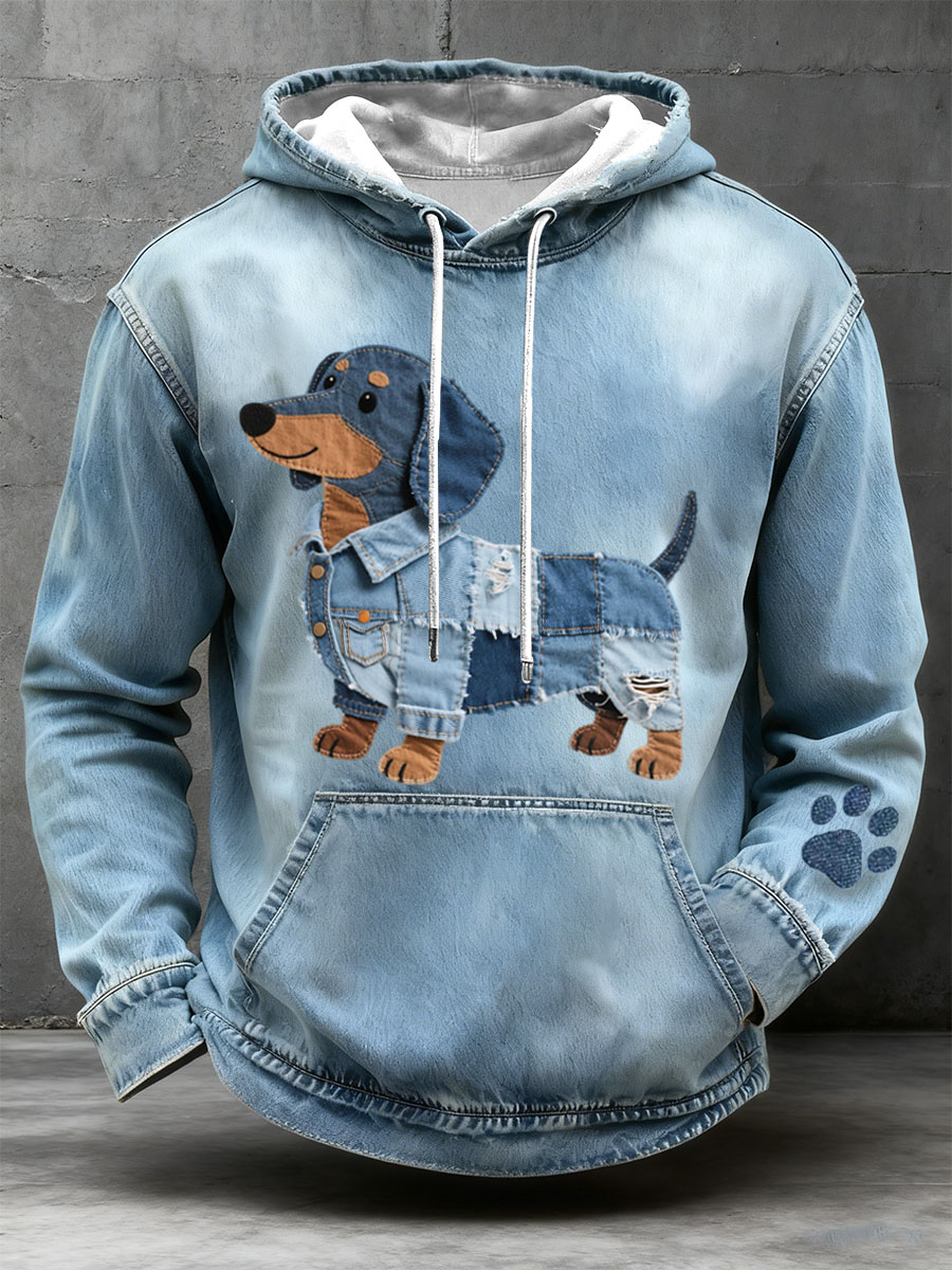 Felpa con cappuccio con patchwork in jeans da uomo con motivo bassotto