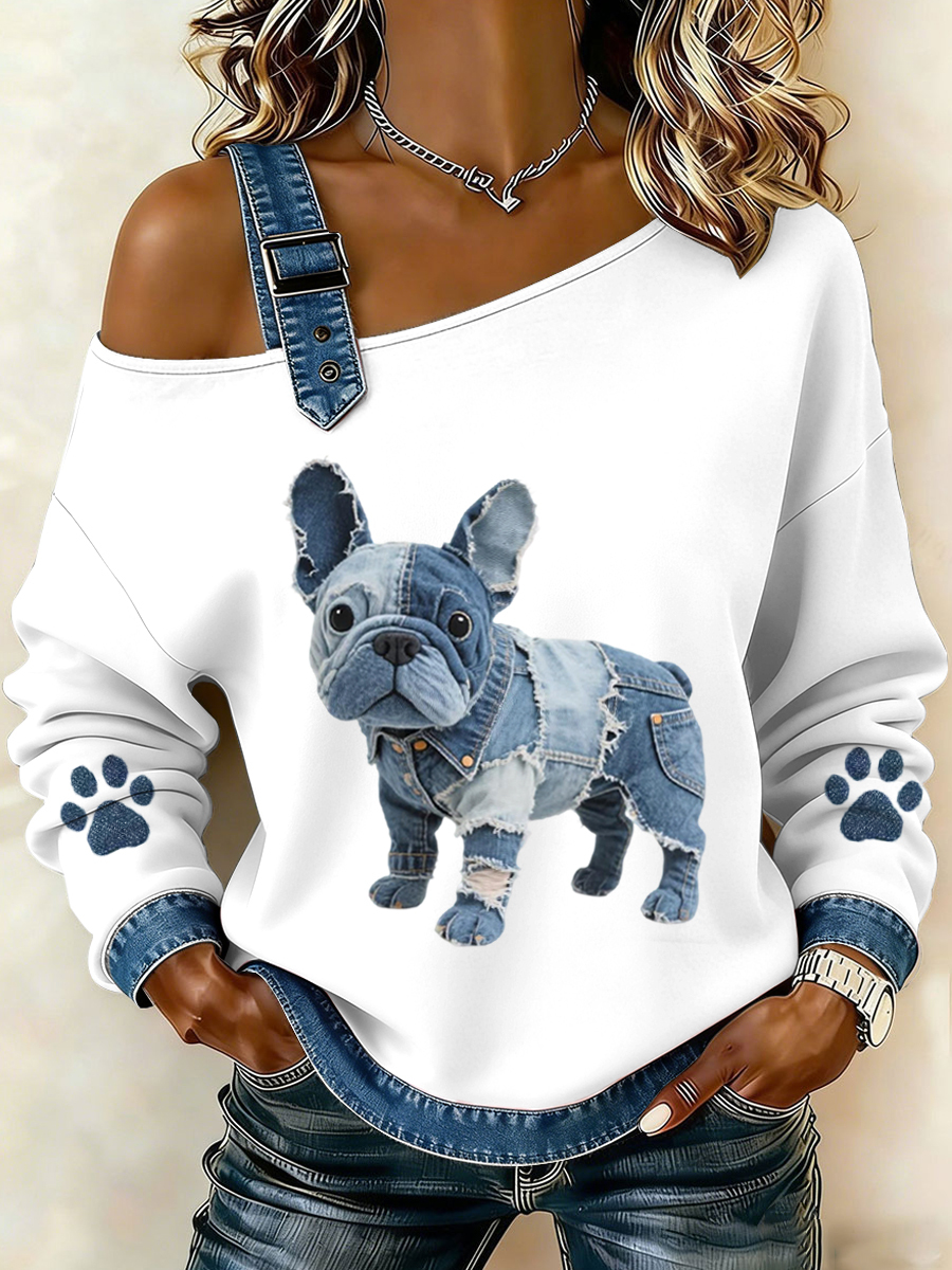 Top patchwork in denim con motivo bulldog francese da donna