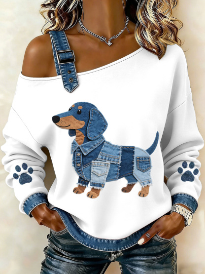 Top patchwork in denim con motivo bassotto da donna