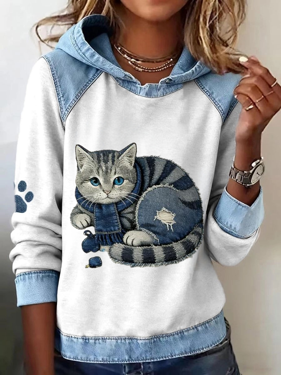 Felpa con cappuccio casual stampata in stile retrò con sciarpa carina da donna