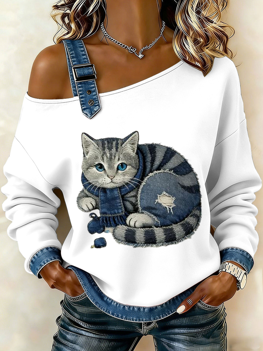 Felpa a maniche lunghe con design a spalle lunghe in stile retrò con sciarpa in stile gatto stile casual