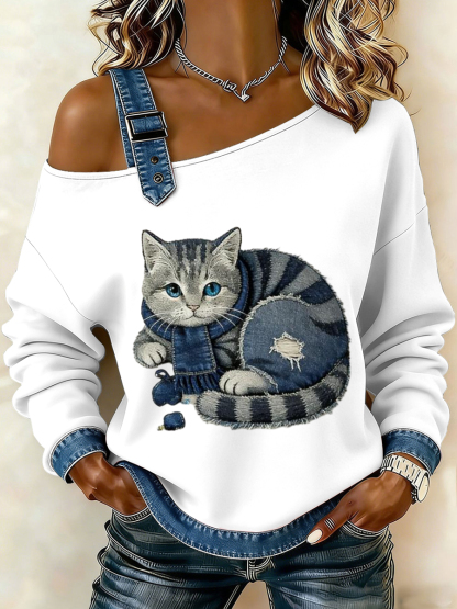 Felpa a maniche lunghe con design a spalle lunghe in stile retrò con sciarpa in stile gatto stile casual