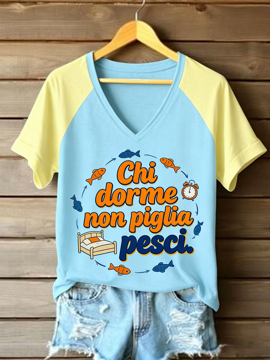 Maglietta da donna con scollo a V con stampa italiana ispirata al proverbio
