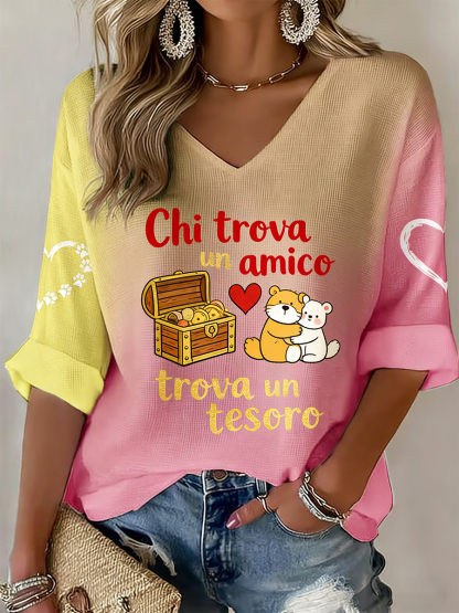 Top a maniche lunghe con scollo a V da donna con stampa italiana ispirata al proverbio