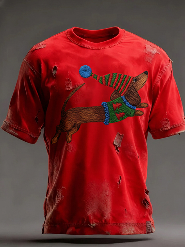 Men's Christmas Retro Running Dog Print Casual T-Shirt