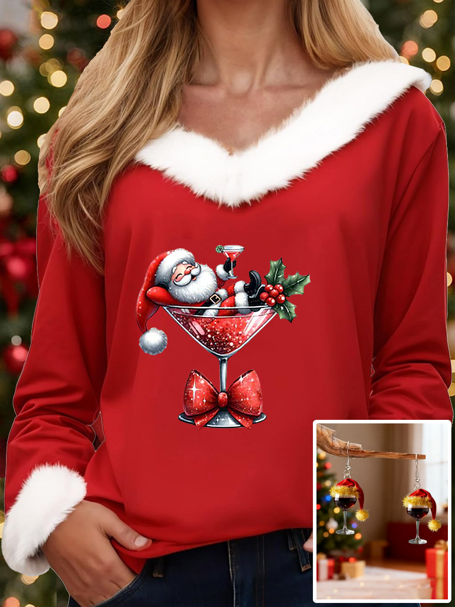Babbo Natale delle donne seduto su un bicchiere di vino Top stampati + orecchini abbinati