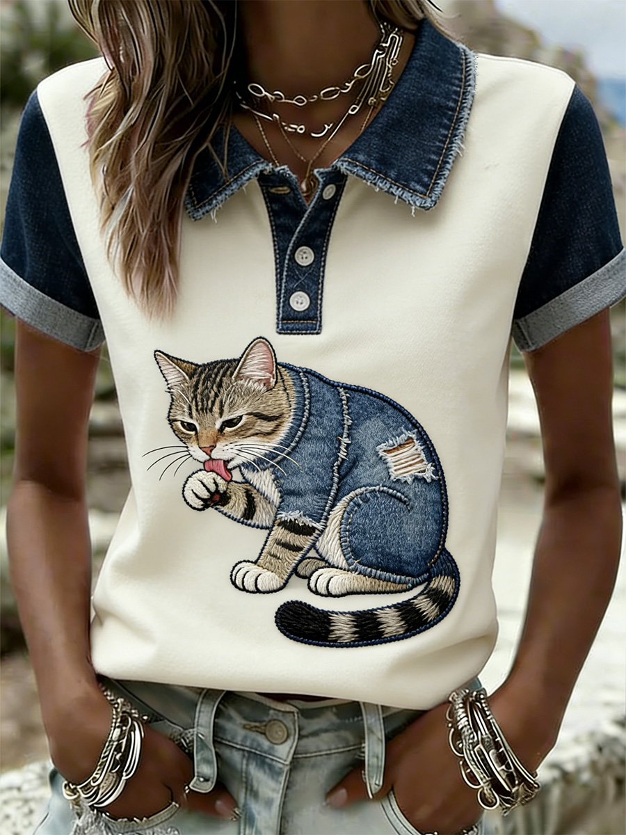 Camicia da donna in stile retrò, graziosa, in jeans, patchwork, art