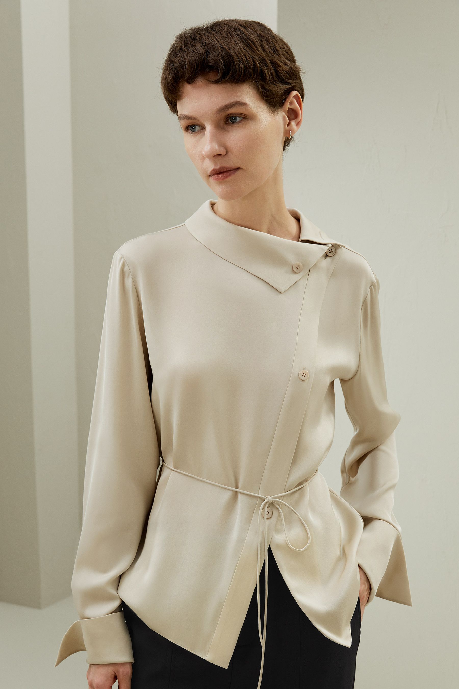 Asymmetrical Shirt with Waist Tie – LILYSILK Factory