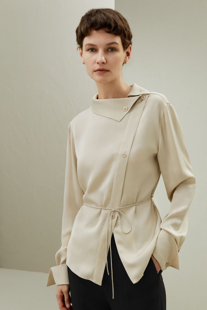 Asymmetrical Shirt with Waist Tie – LILYSILK Factory