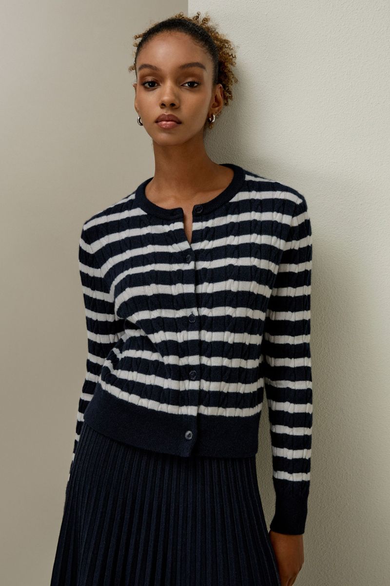 Striped Cable-Knit Cashmere Cardigan – LILYSILK Factory