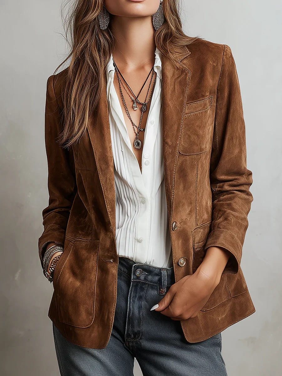 Women's Suede Leather Jacket Retro Elegant Single-Breasted Coat
