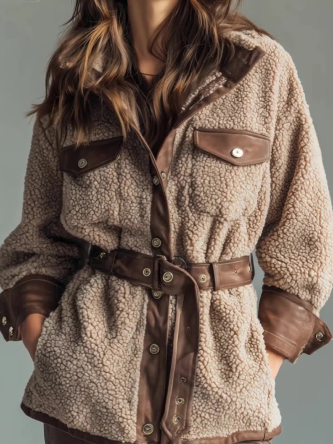 Women's Retro Fleece Coat Patch Pockets & Belted Warm Winter Outerwear