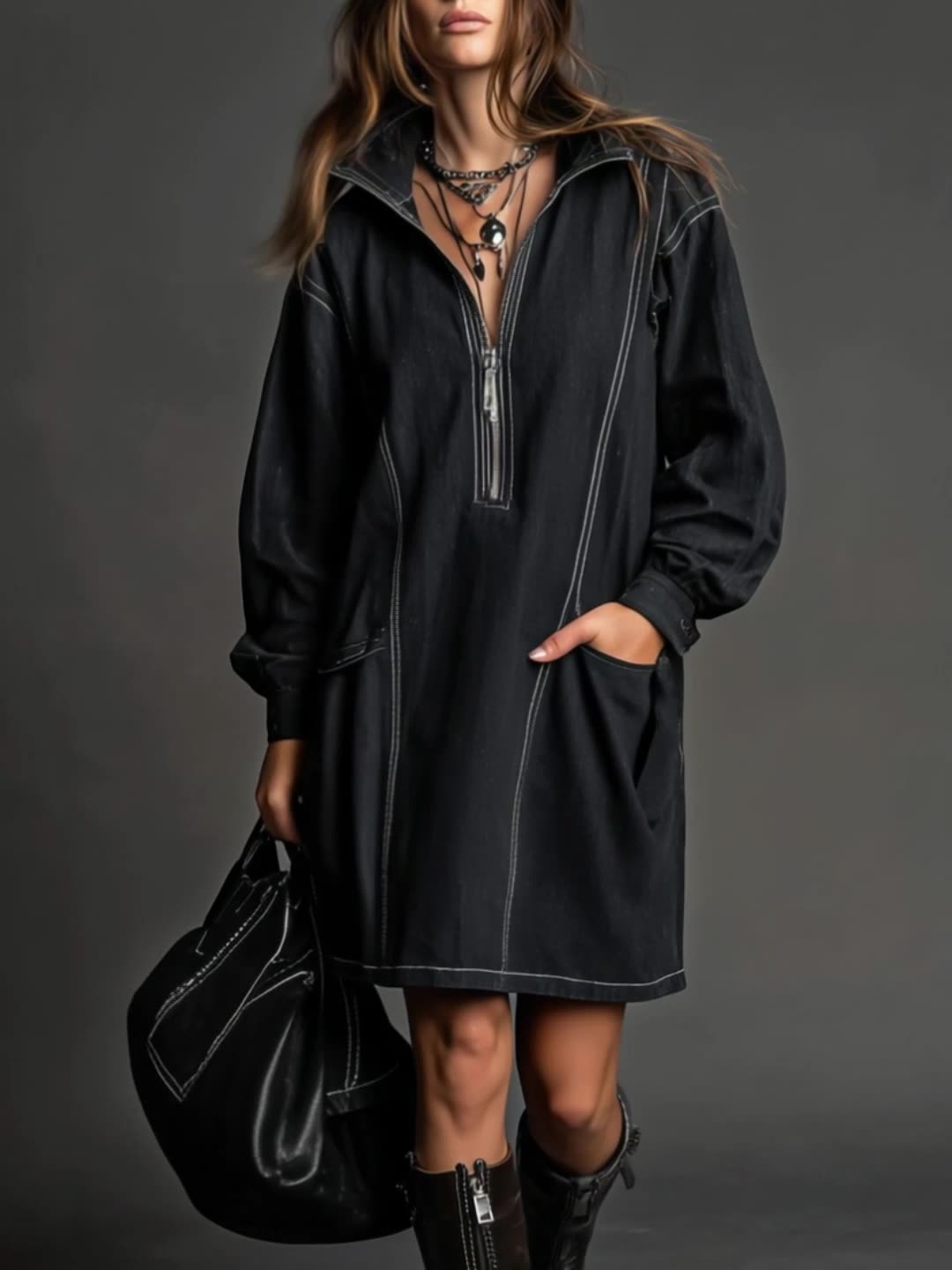 Women's Retro Denim Dress with Zippered Polo Collar
