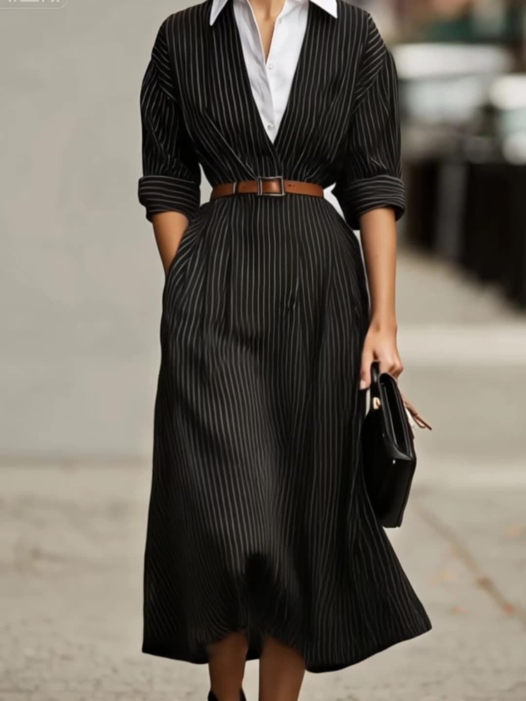 Women's Fall Shirt Dress Retro Striped Waist-Tie Contrast Collar