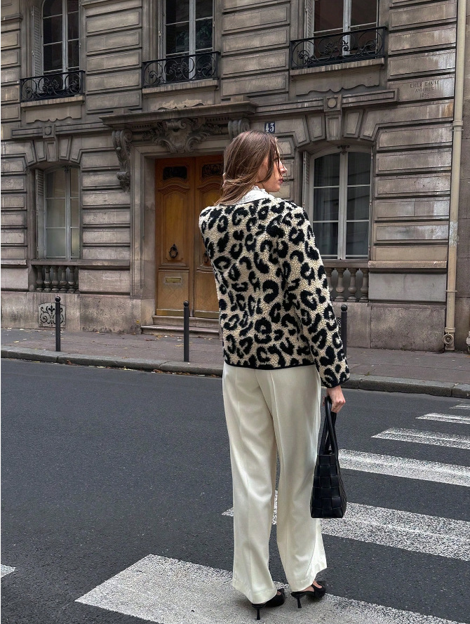 Women's Winter Shearling Jacket Leopard Print Cropped Lapel Single-Breasted