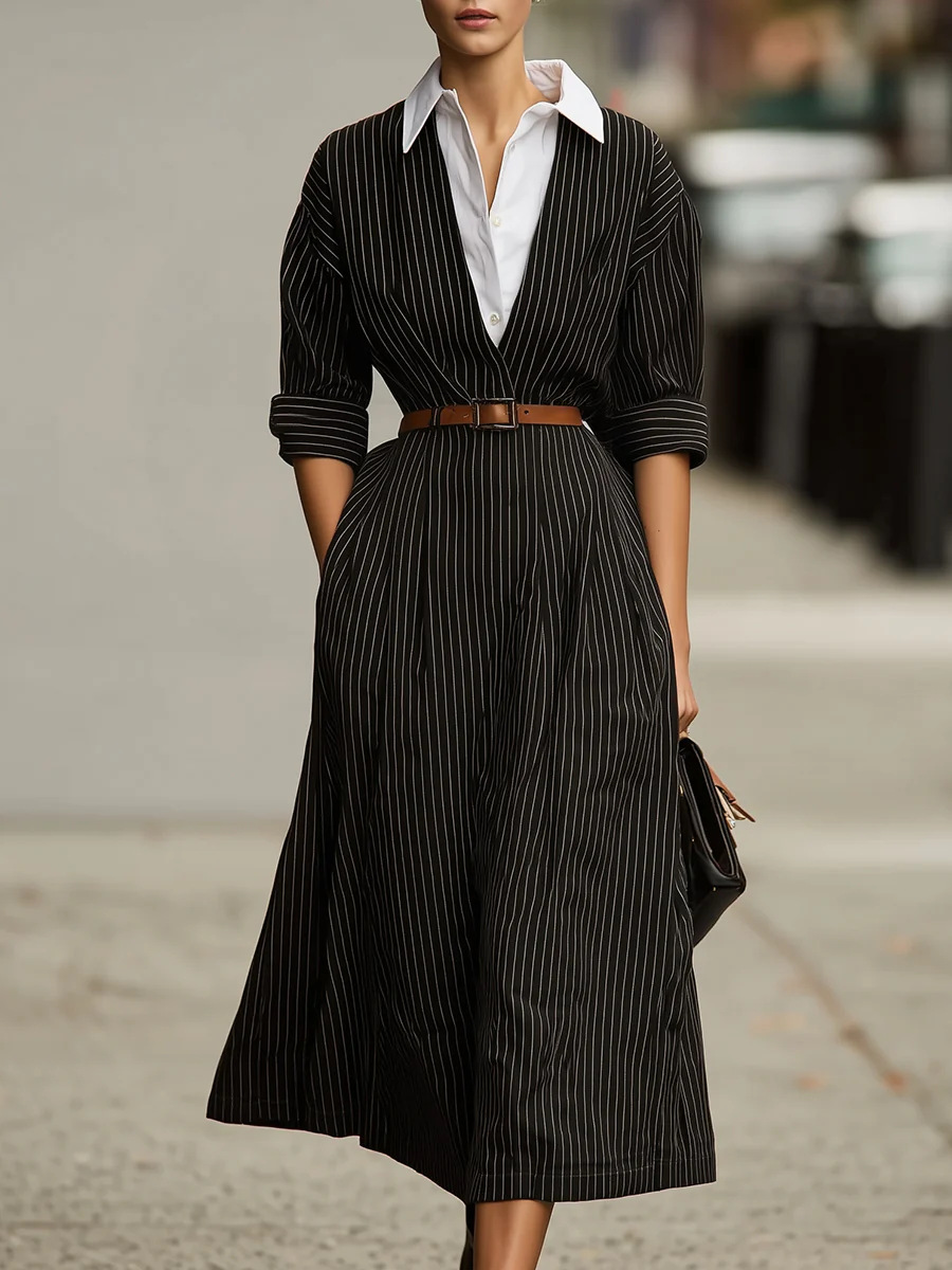 Women's Fall Shirt Dress Retro Striped Waist-Tie Contrast Collar